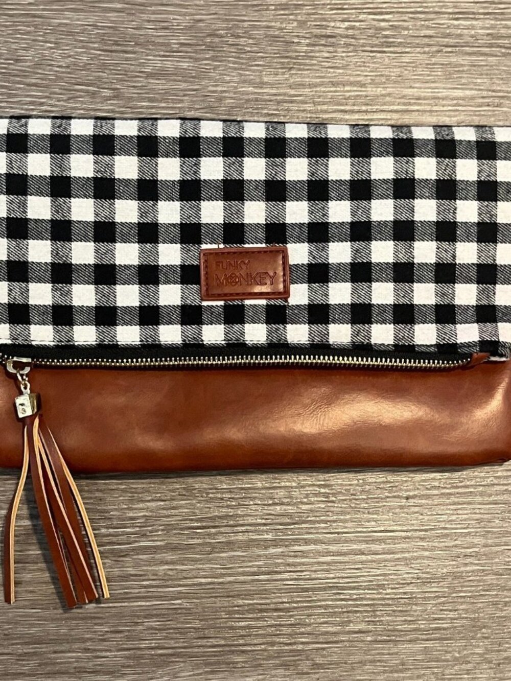 Funky Monkey Buffalo Check Foldover Clutch Plaid Wristlet Brown Vegan Leather